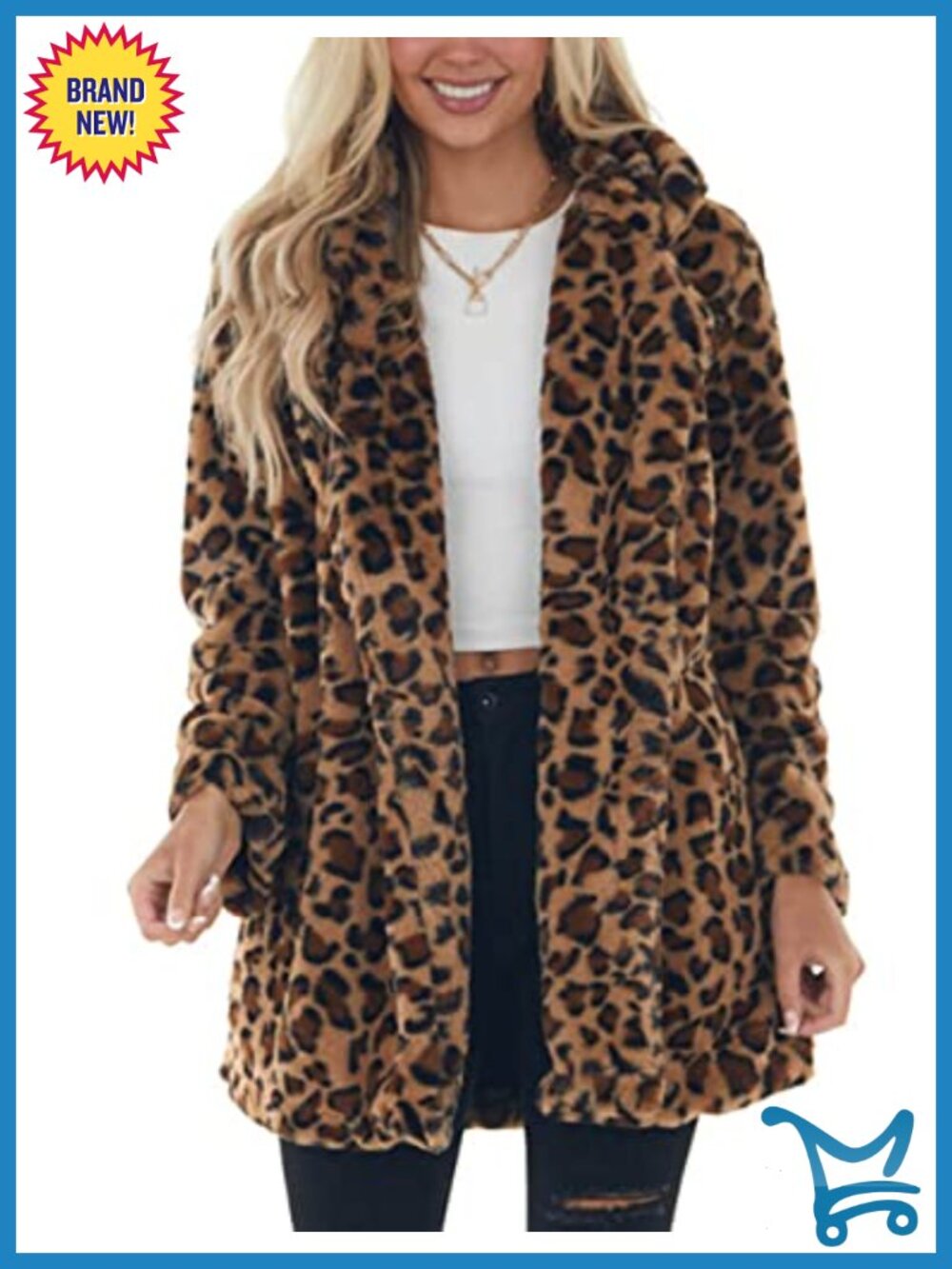 Faux Fur Jacket Leopard Coat Loose Open Front with Pockets